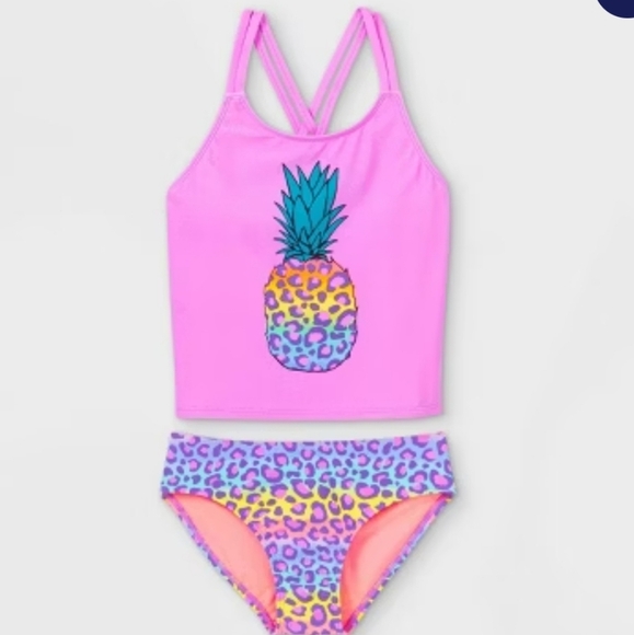 NWOT Cat & Jack Girl's Rainbow Leopard Pineapple 2 PC Tankini Swimsuit XS 4/5 - Picture 1 of 5